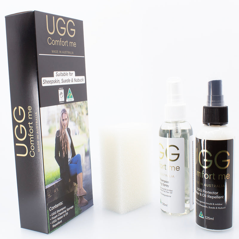 Ugg Boot Sheepskin Care Kit - Cleaning sponge brush, Shampoo Cleaning Spray, water and oil repellant, UGG Comfort Me, Australian made-1