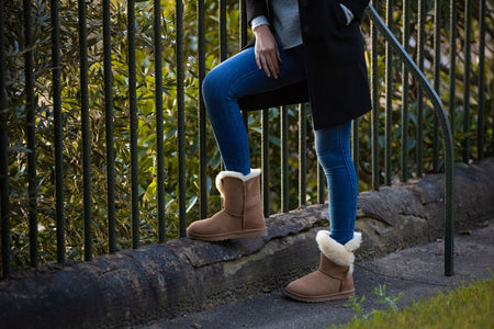 UGG Australian Made Comfort Me Classic Bailey Button Boots for All Occasions indoor outdoor. Made from Double Face Australian Sheepskin, Colours are Chestnut, Chocolate, Black, Grey and Sand. Classic Button Luxury Memory Foam Australian UGG Boots.