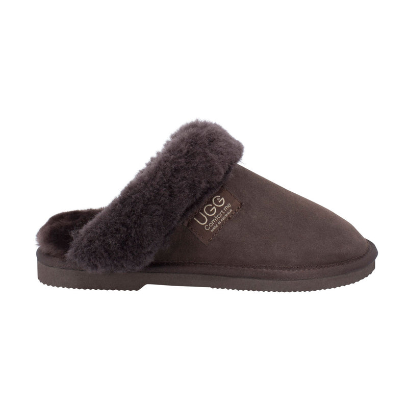 Comfort me UGG Australian Made Fur Trim Scuffs, Slippers are Made with Australian Sheepskin for Men & Women, Chocolate Colour 1