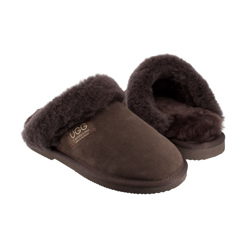 Comfort me UGG Australian Made Fur Trim Scuffs, Slippers are Made with Australian Sheepskin for Men & Women, Chocolate Colour 2