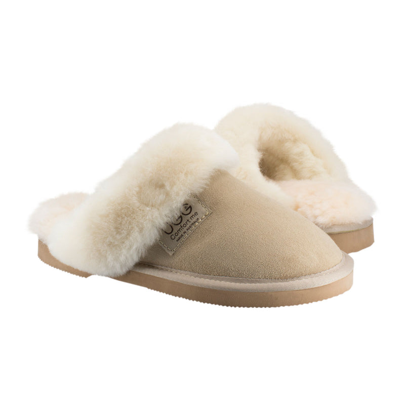 Comfort me UGG Australian Made Fur Trim Scuffs, Slippers are Made with Australian Sheepskin for Men & Women, Sand Colour 2